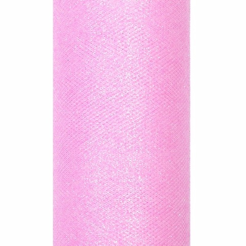 2x stuks rollen Glitter tule gaatjes stof roze 15 x 900 cm breed
