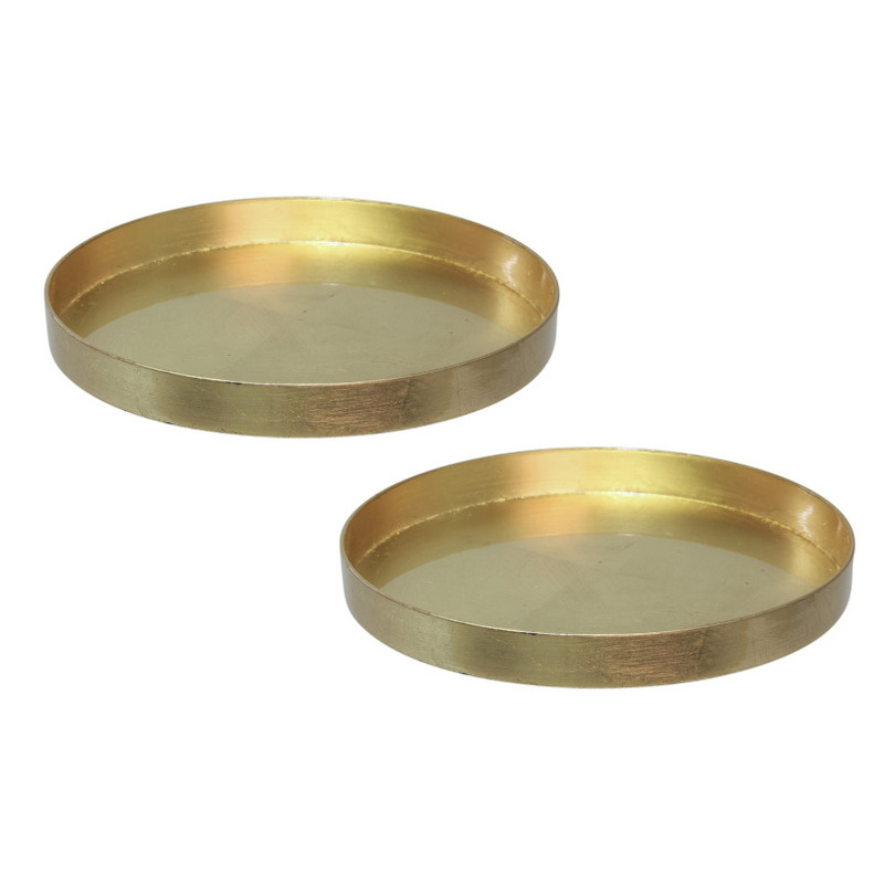 Merkloos 2x stuks ronde kunststof dienbladen/kaarsenplateaus goud D27 cm -