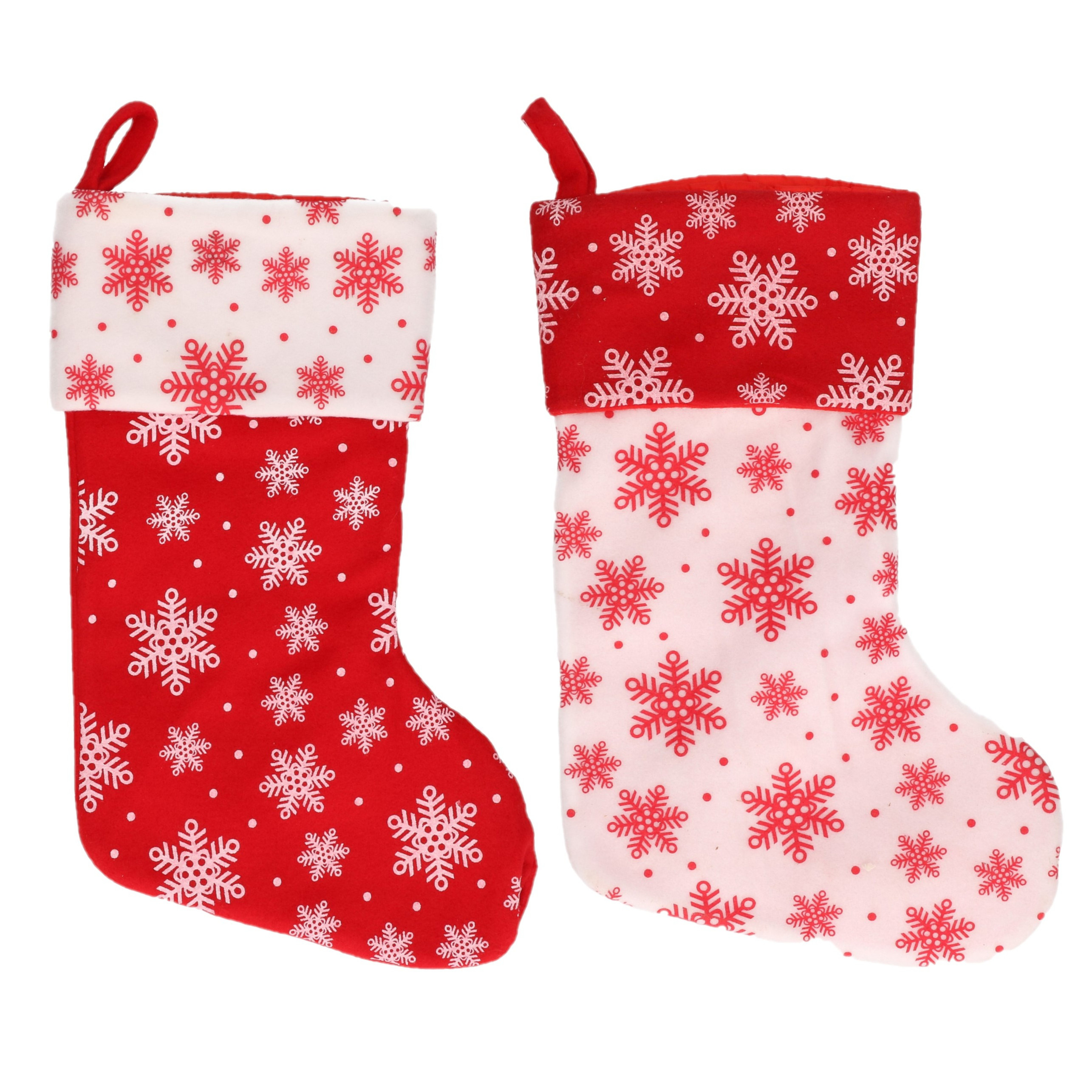 2x stuks rood-witte kerstsokken met sneeuwvlokken print 40 cm