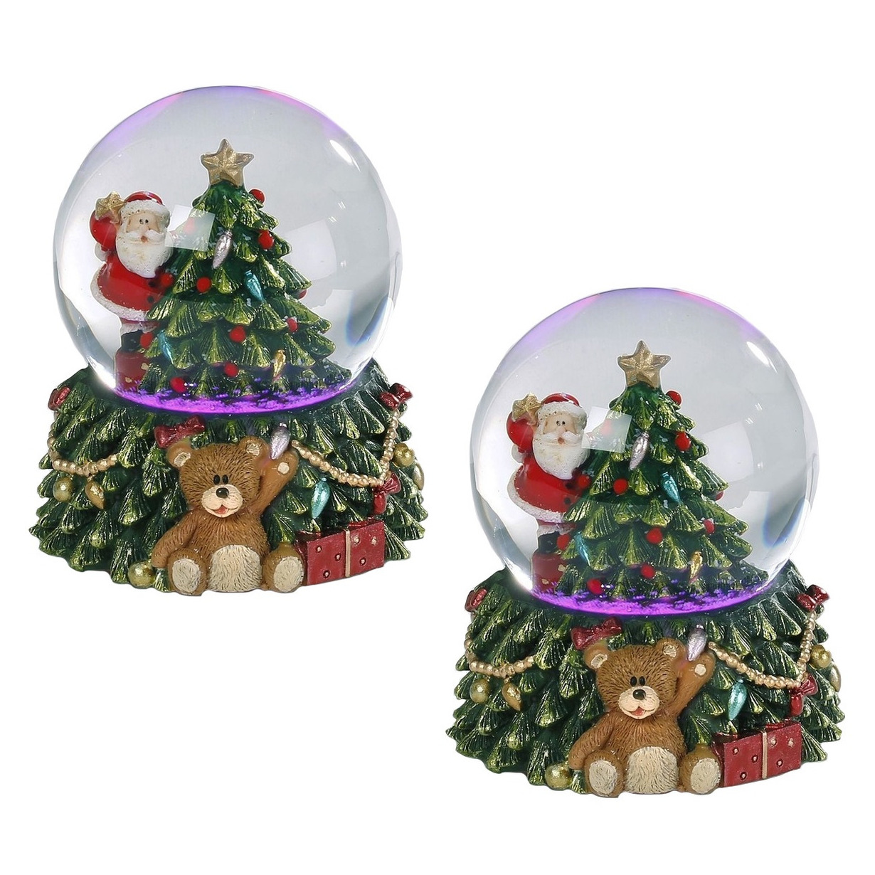 2x stuks sneeuwbollen-snowglobes kerstman met kerstboom inclusief LED verlichting