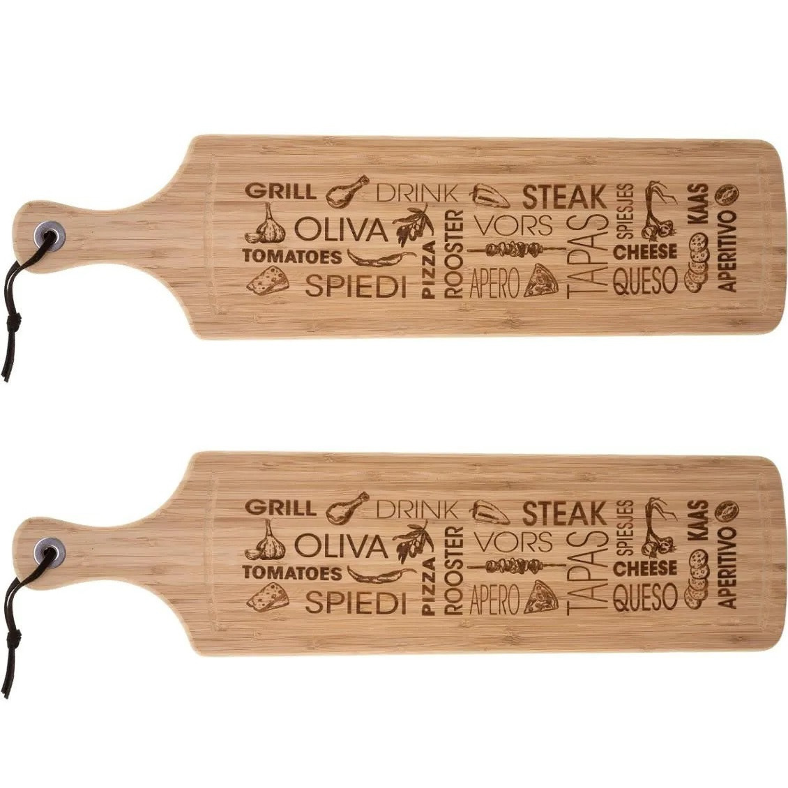 Secret De Gourmet 2x Stuks tapas serveerplank met handvat rechthoek 59 x 15 cm van bamboe hout - Serveerplank - Broodplank