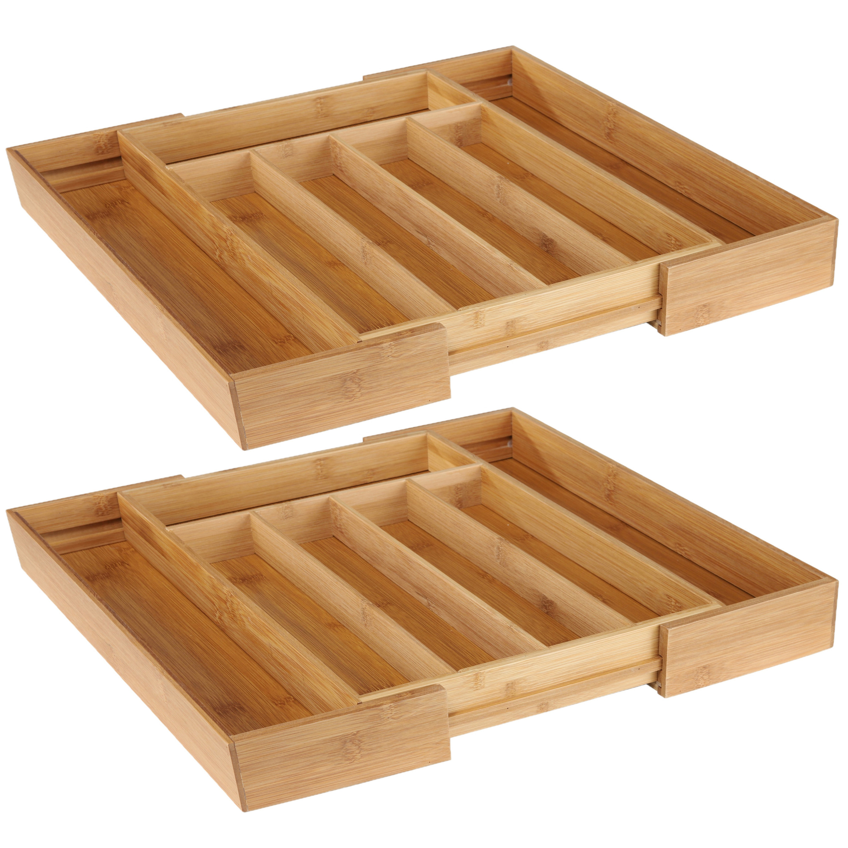 2x stuks uitschuifbare bamboe houten bestekbakken/besteklades 31-48 x 37 x 5 cm -