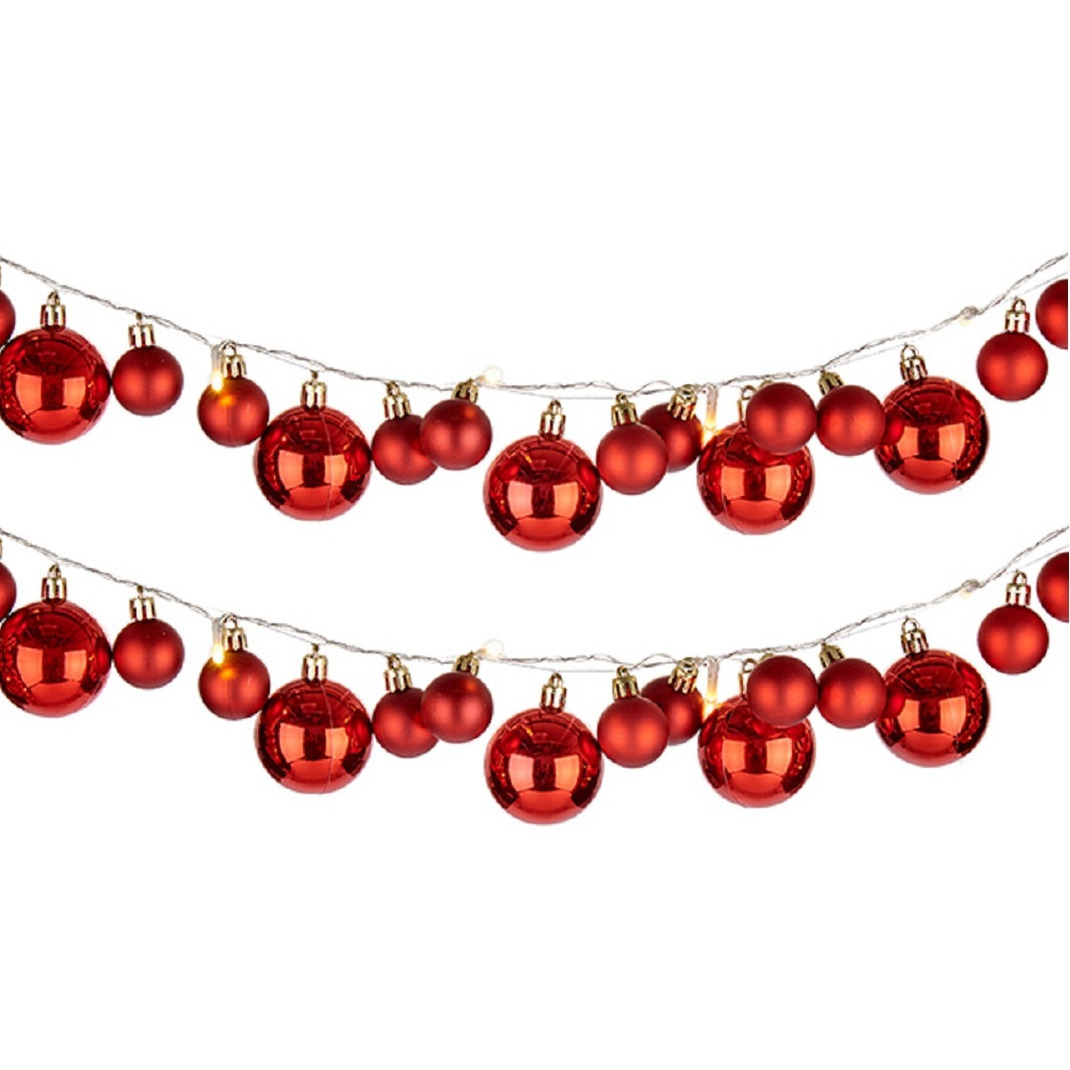 2x stuks verlichte kerst guirlandes-slingers met 93 LED kerstballen rood