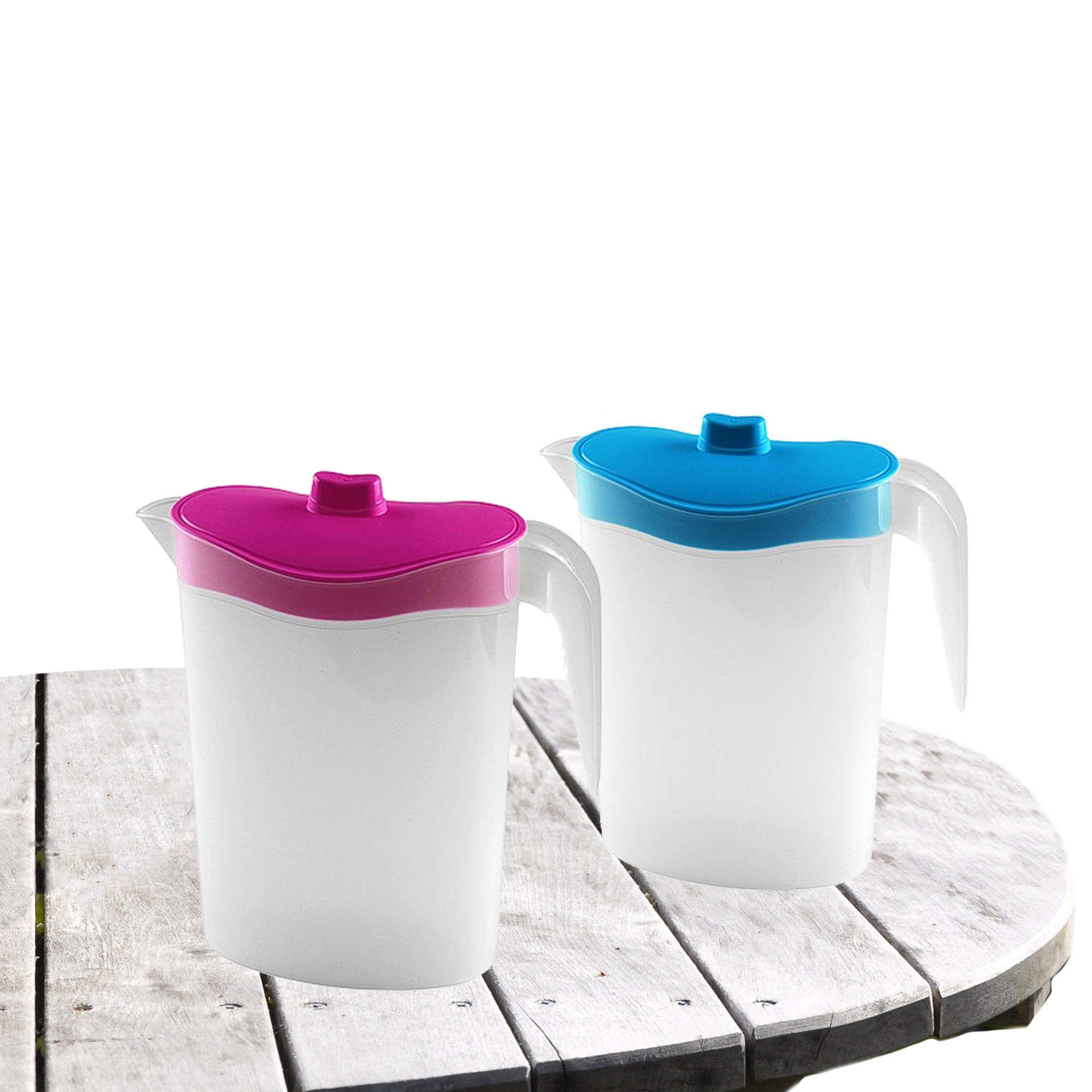 Hega Hogar 2x stuks waterkan/sapkan/limonadekan karaf deksel 1.5 liter kunststof roze/blauw -