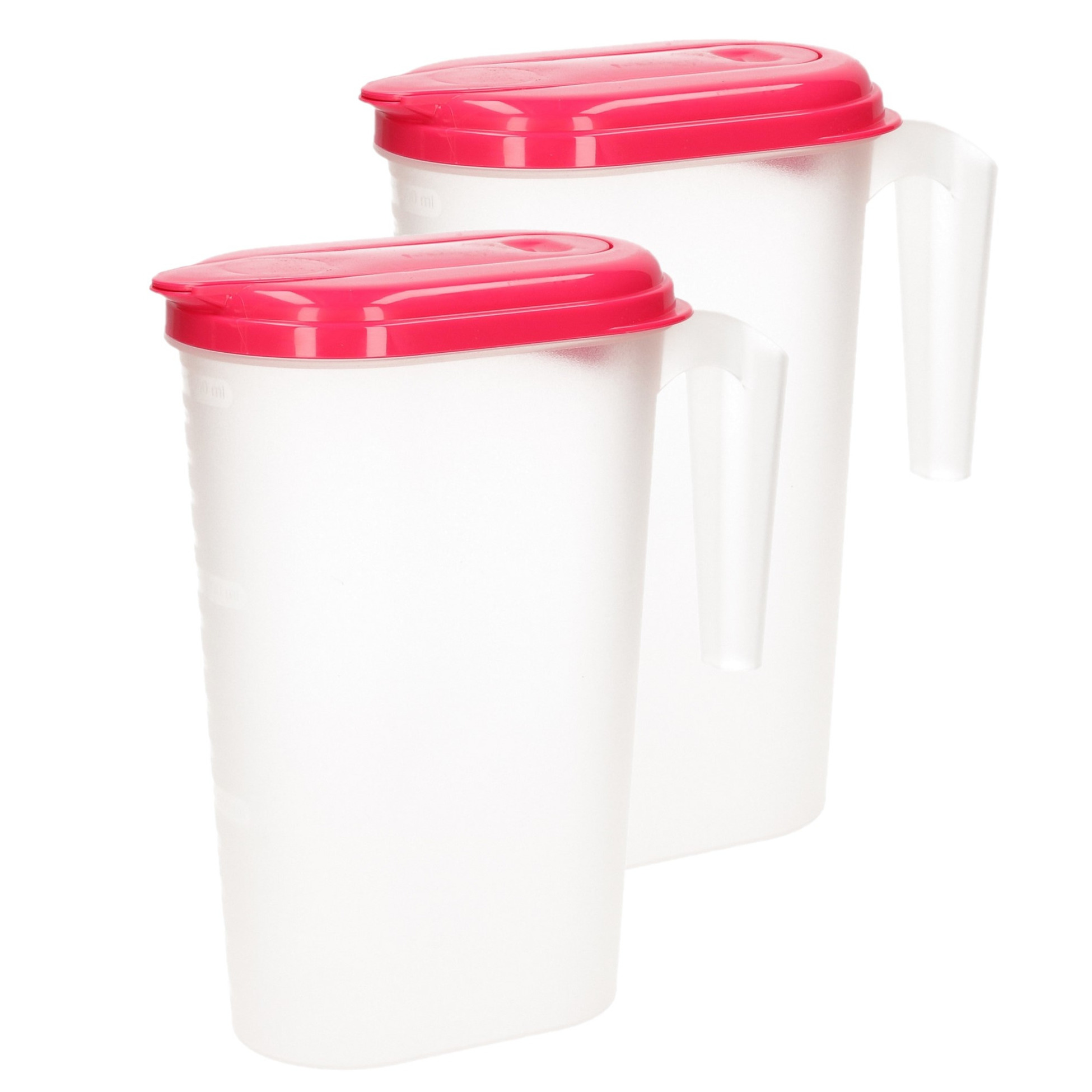 PlasticForte 2x stuks waterkan/sapkan transparant/fuschia roze met deksel 1.6 liter kunststof -