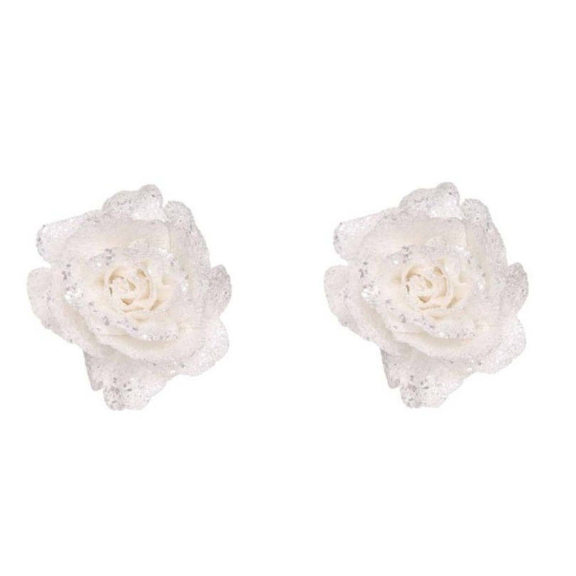 2x stuks witte rozen met glitters op clip 10 cm kerstversiering