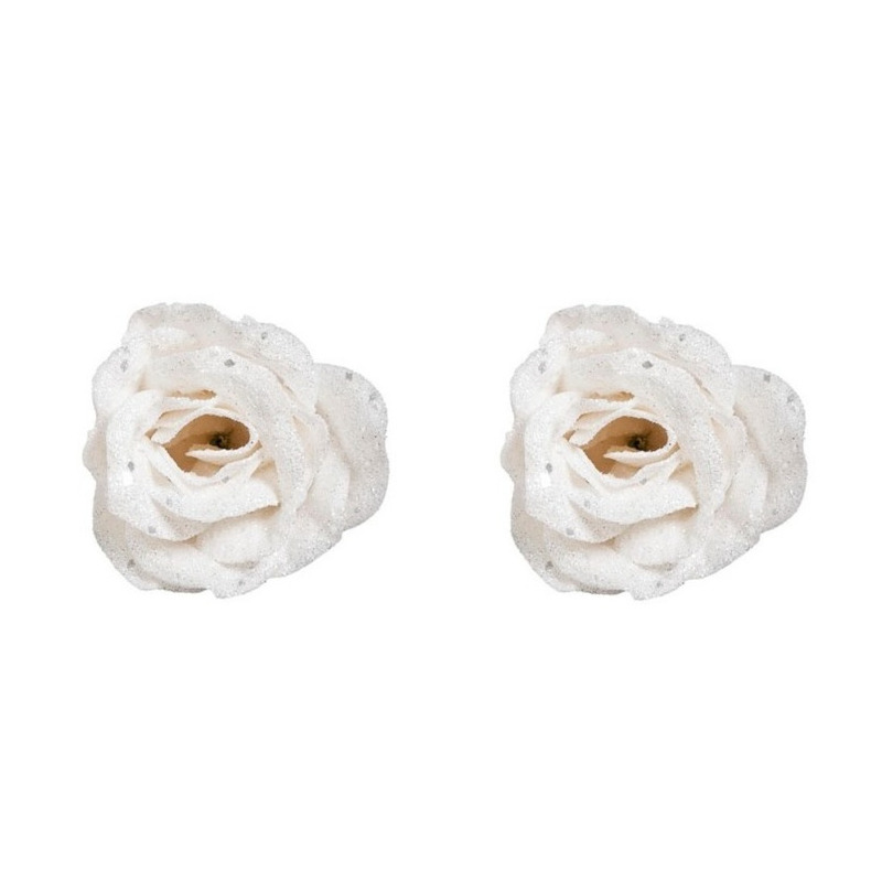 2x stuks witte rozen met glitters op clip 7 cm kerstversiering