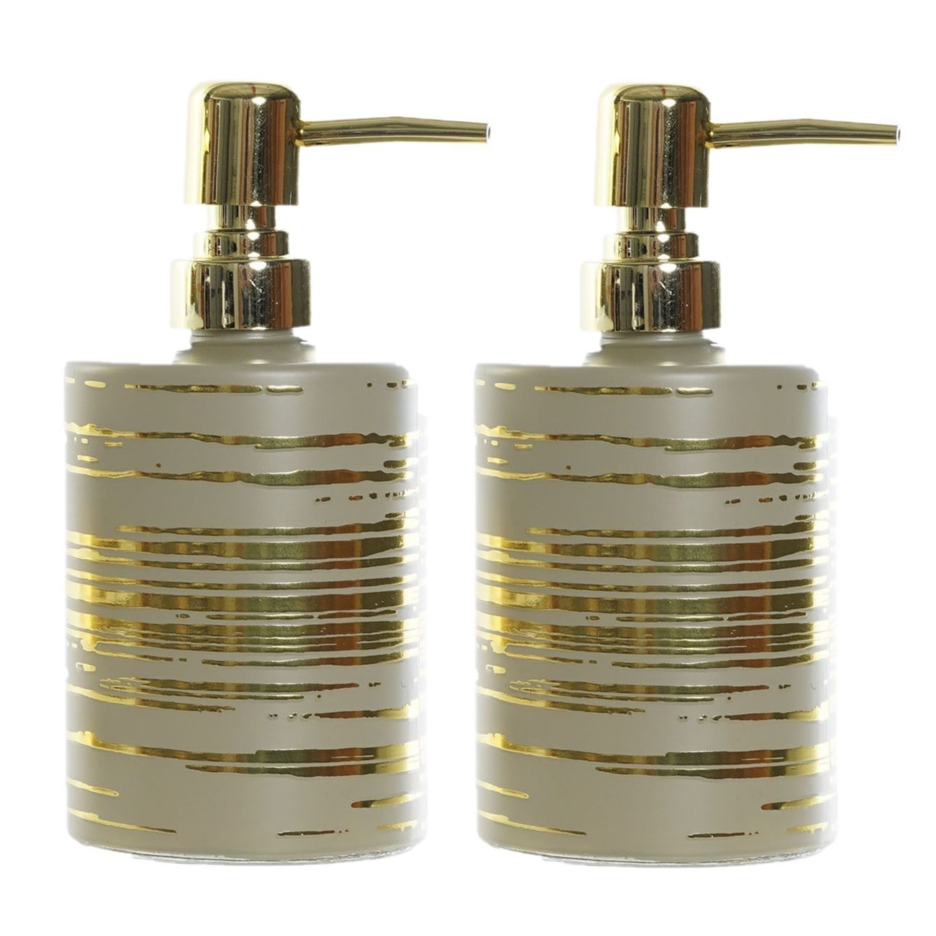 2x stuks zeeppompjes-zeepdispensers beige met gouden strepen van glas 450 ml