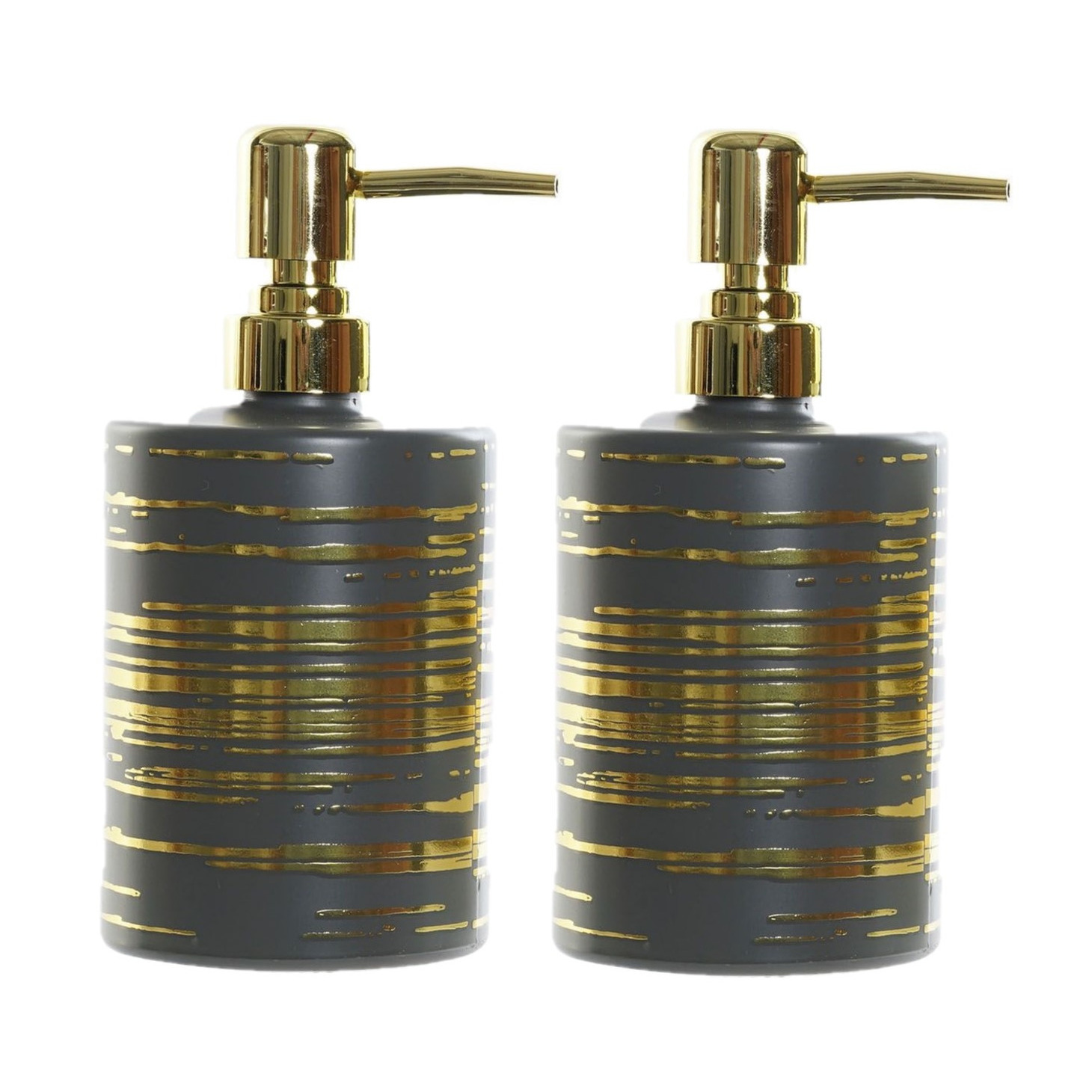 2x stuks zeeppompjes-zeepdispensers grijs met gouden strepen van glas 450 ml