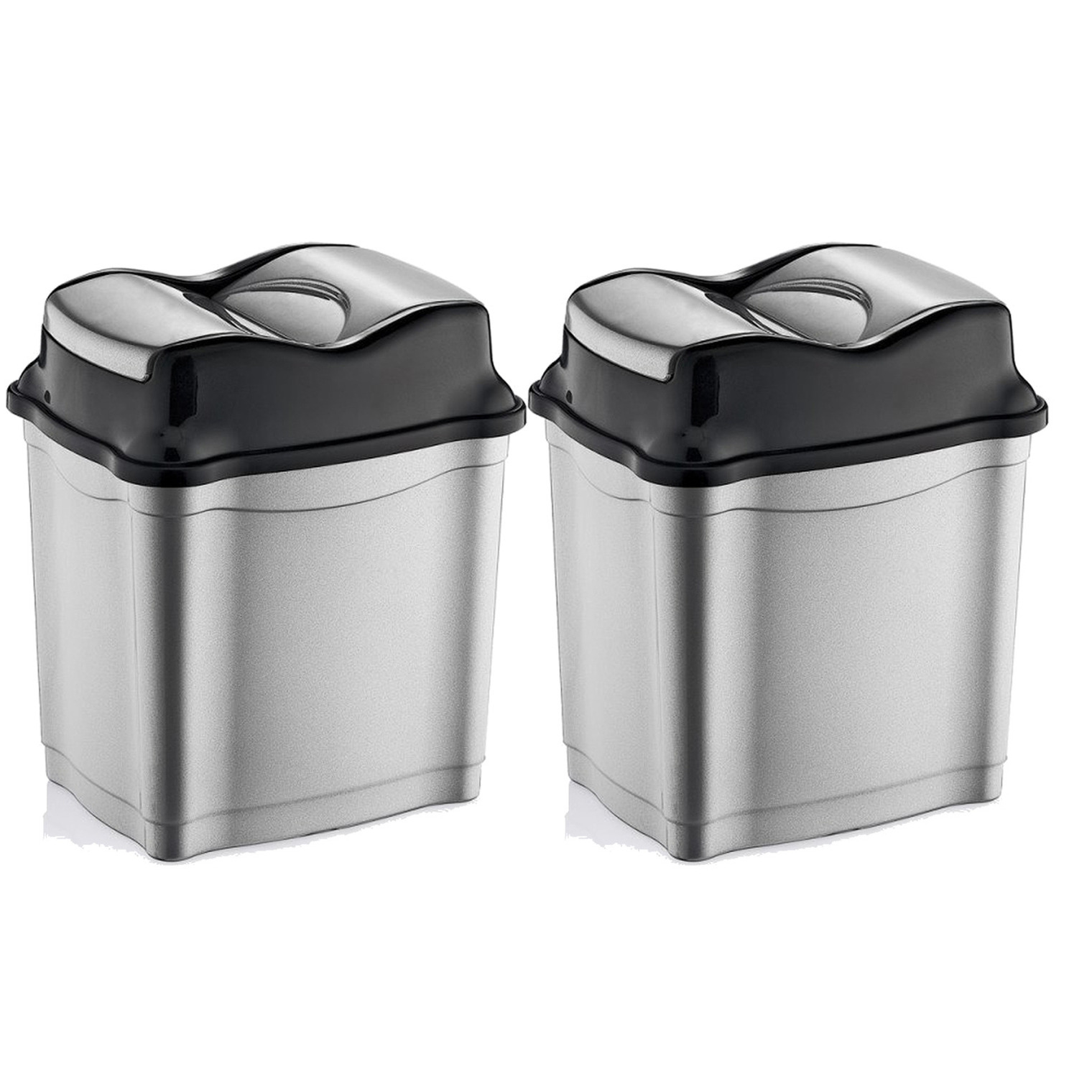 2x stuks zilver-zwarte afvalemmers-vuilnisbakken met deksel 50 liter