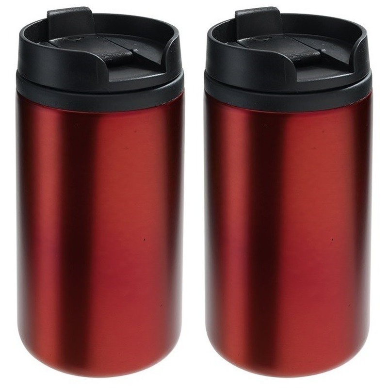 2x Thermosbekers-warmhoudbekers metallic rood 250 ml