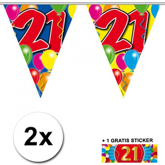 2x vlaggenlijn 21 jaar met gratis sticker