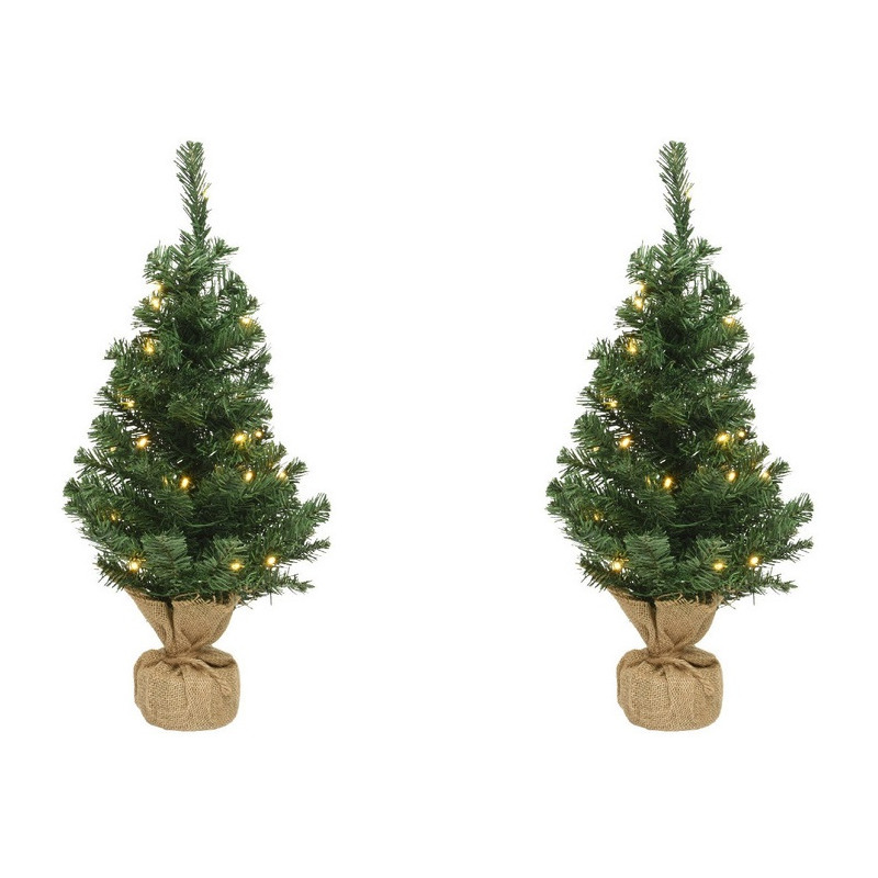 2x Volle mini kerstbomen groen in jute zak met verlichting 45 cm