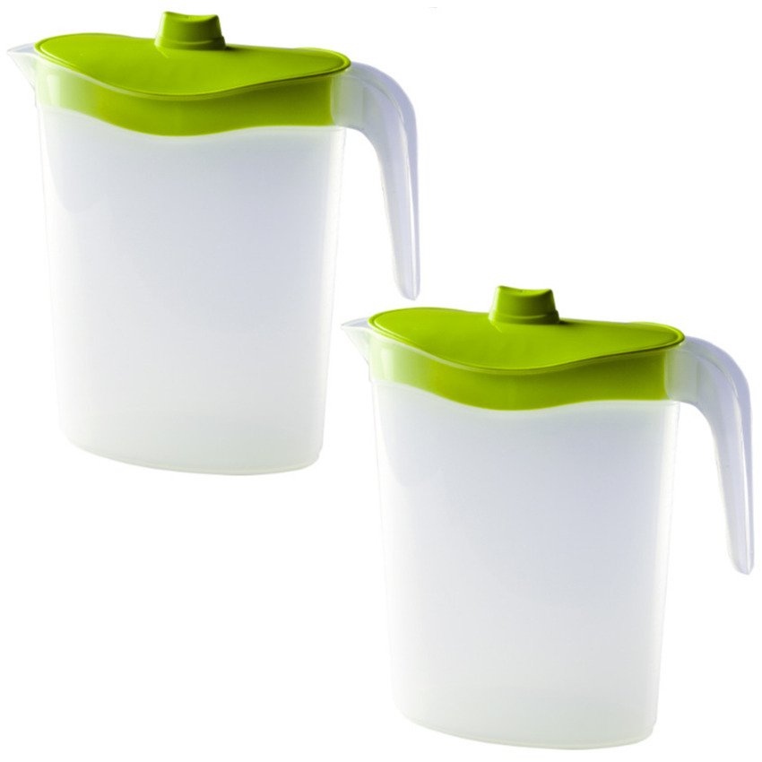 Hega Hogar 2x Waterkannen/sapkannen met groene deksel 2,5 liter kunststof -