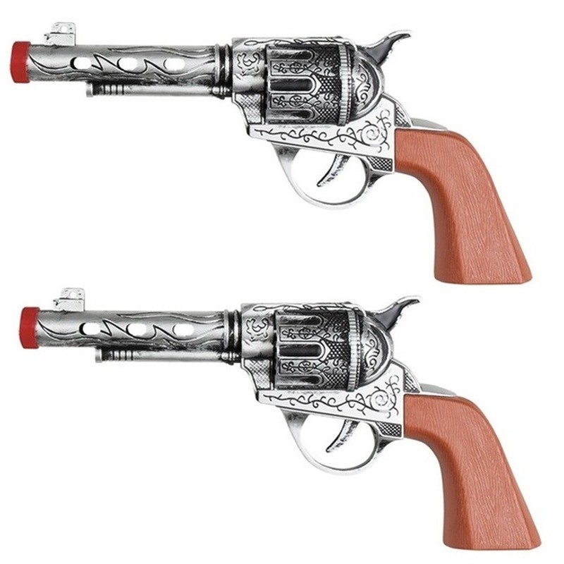 2x Western revolvers-pistolen zilver 22 cm