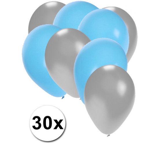 30x ballonnen zilver en lichtblauw -