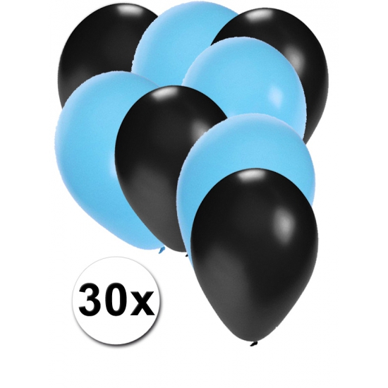30x ballonnen zwart en lichtblauw -