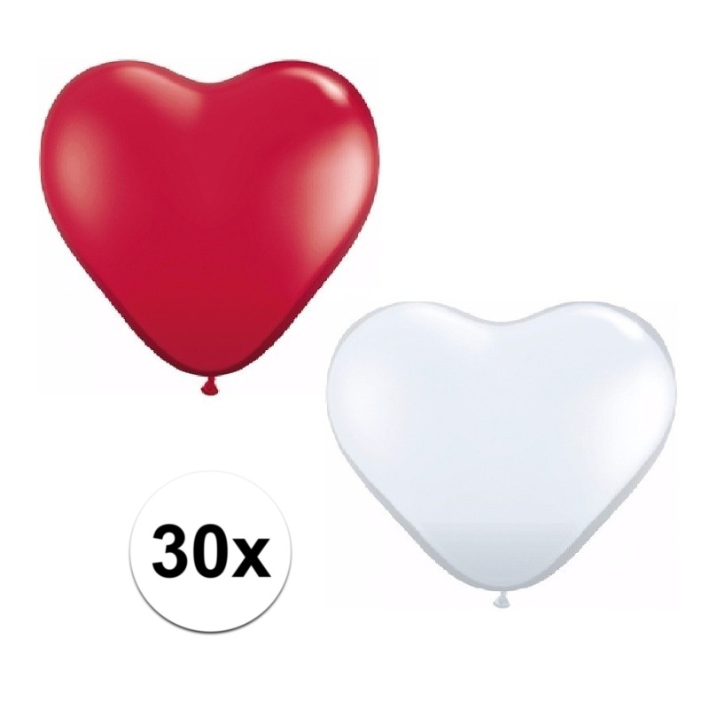 30x bruiloft ballonnen wit-rood hartjes versiering