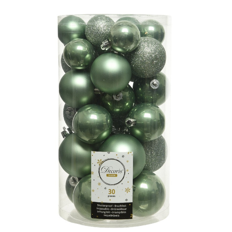 30x Salie groene kerstballen 4 5 6 cm kunststof mat-glans-glitter