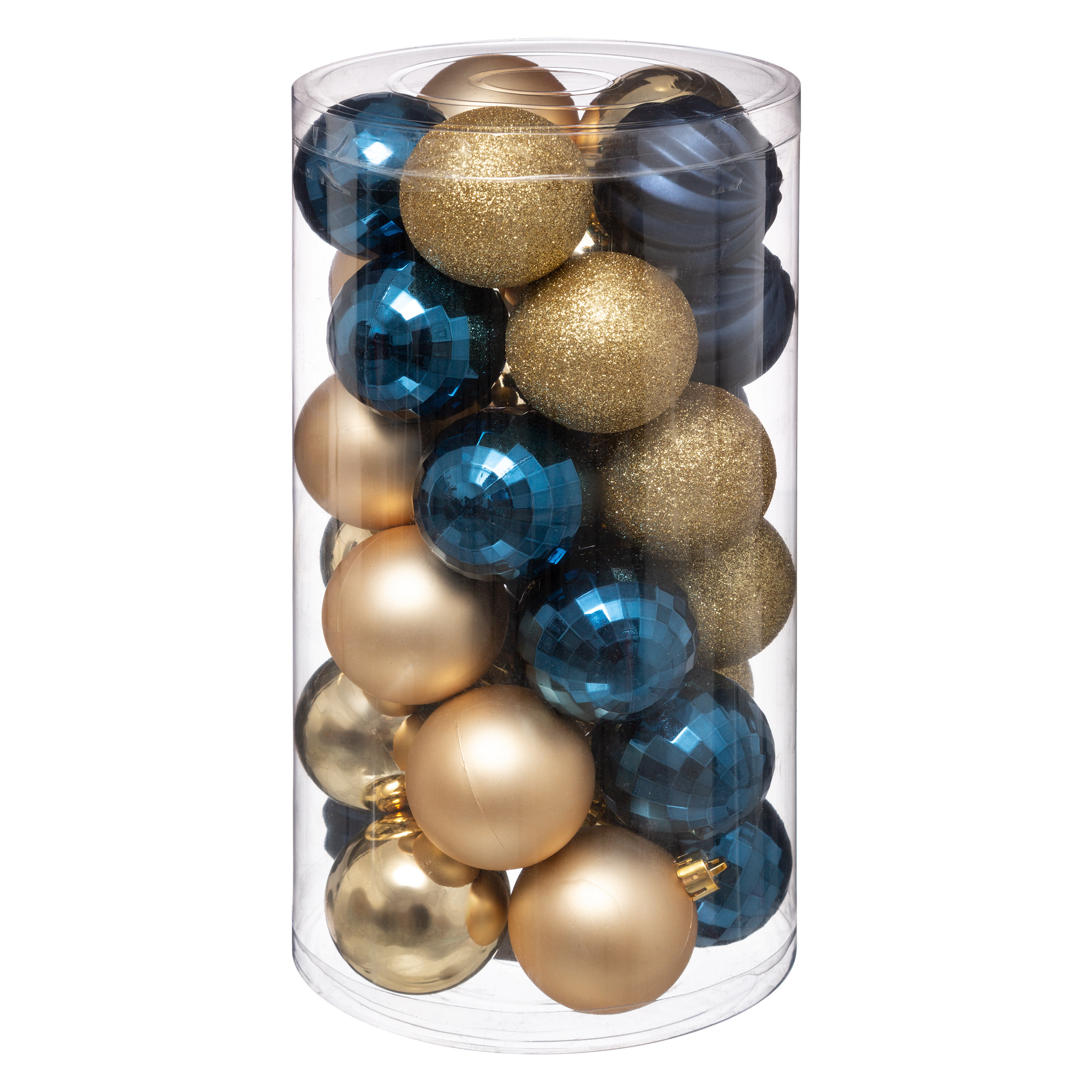 30x stuks kerstballen mix blauw-champagne glans en mat kunststof 6 cm