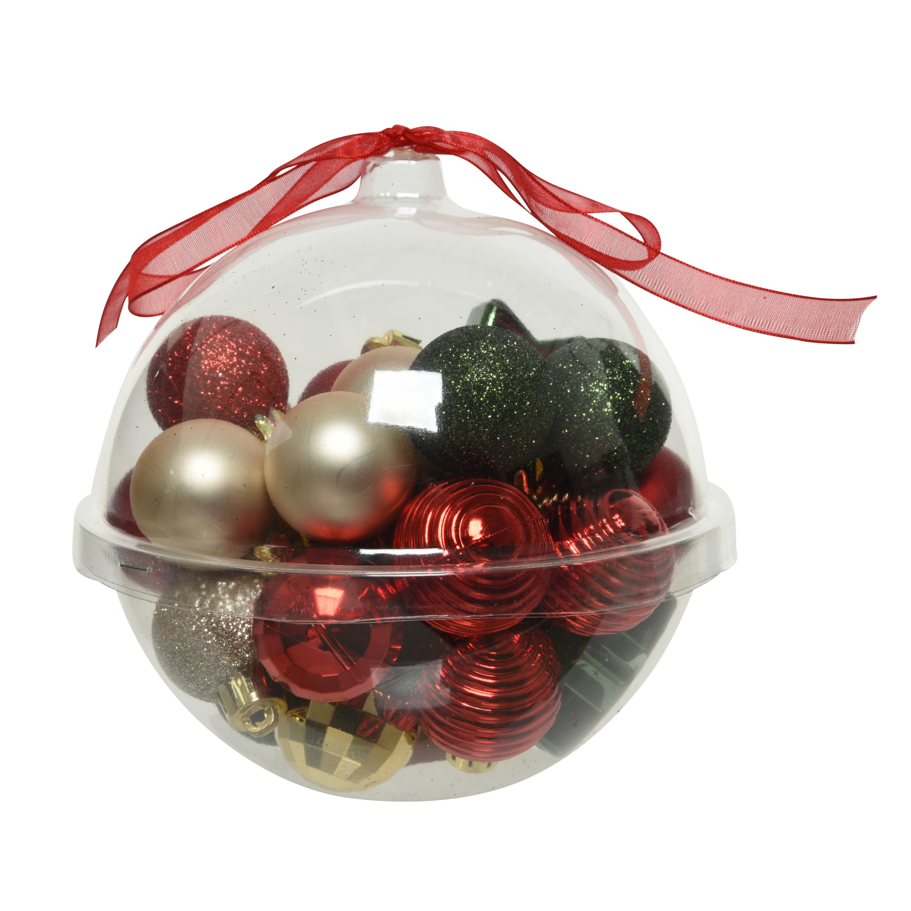 30x stuks kleine kunststof kerstballen rood-donkergroen-champagne 3 cm