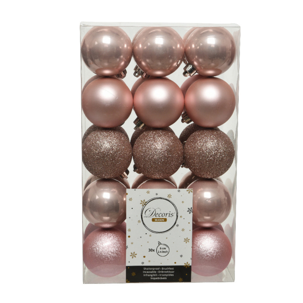 30x stuks kunststof kerstballen lichtroze (blush) 6 cm glans-mat-glitter
