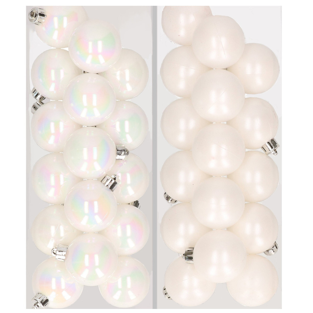 32x stuks kunststof kerstballen mix van parelmoer wit en wit 4 cm -