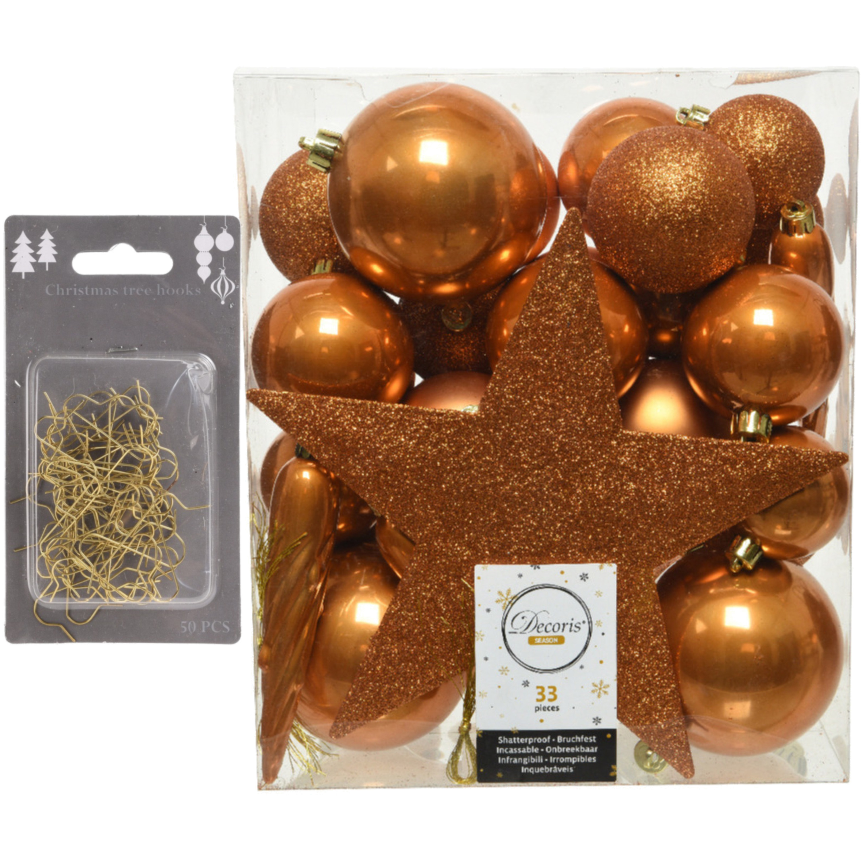 33x stuks kunststof kerstballen 5, 6 en 8 cm cognac bruin inclusief ster piek en kerstbalhaakjes