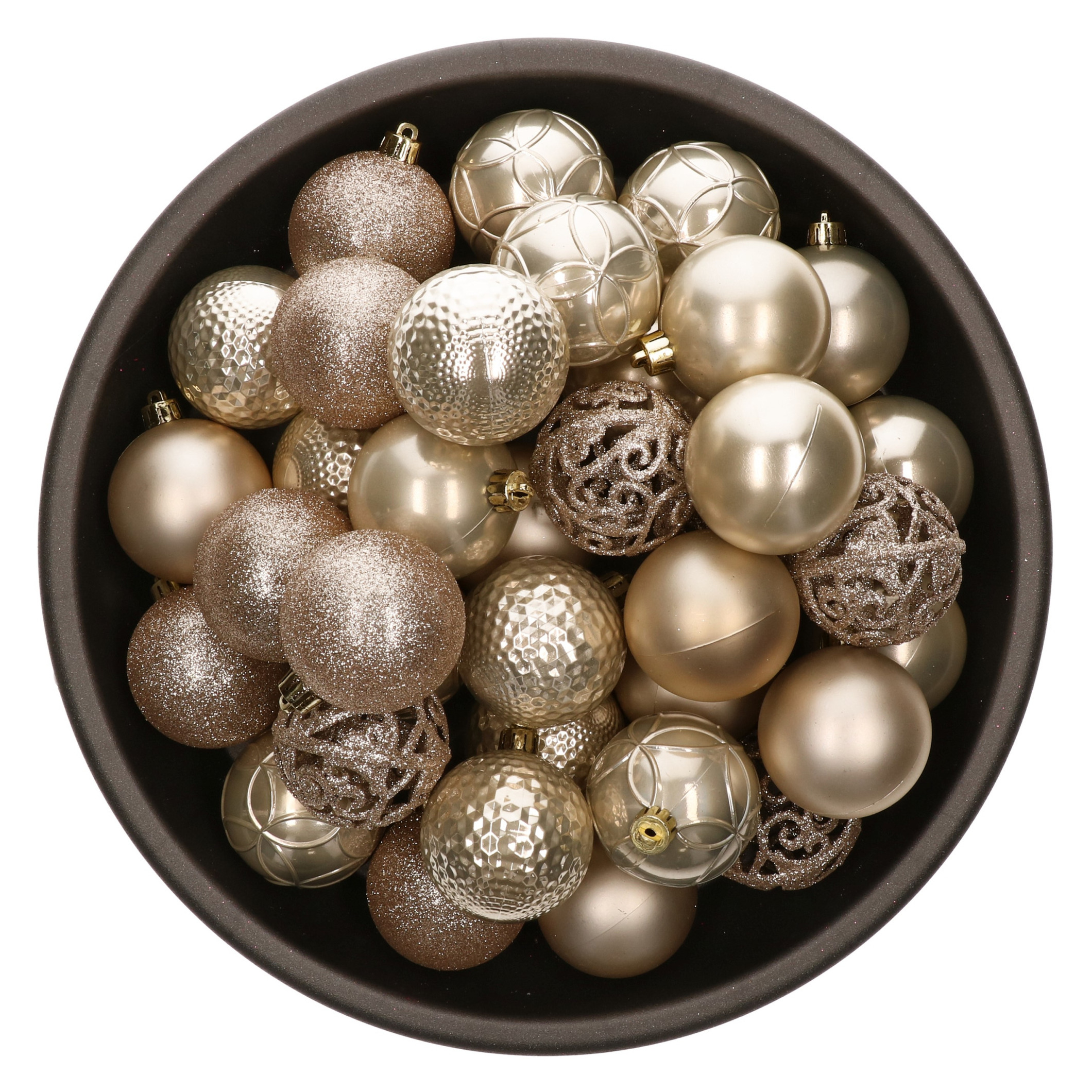 37x stuks kunststof kerstballen parel-champagne 6 cm glans-mat-glitter mix