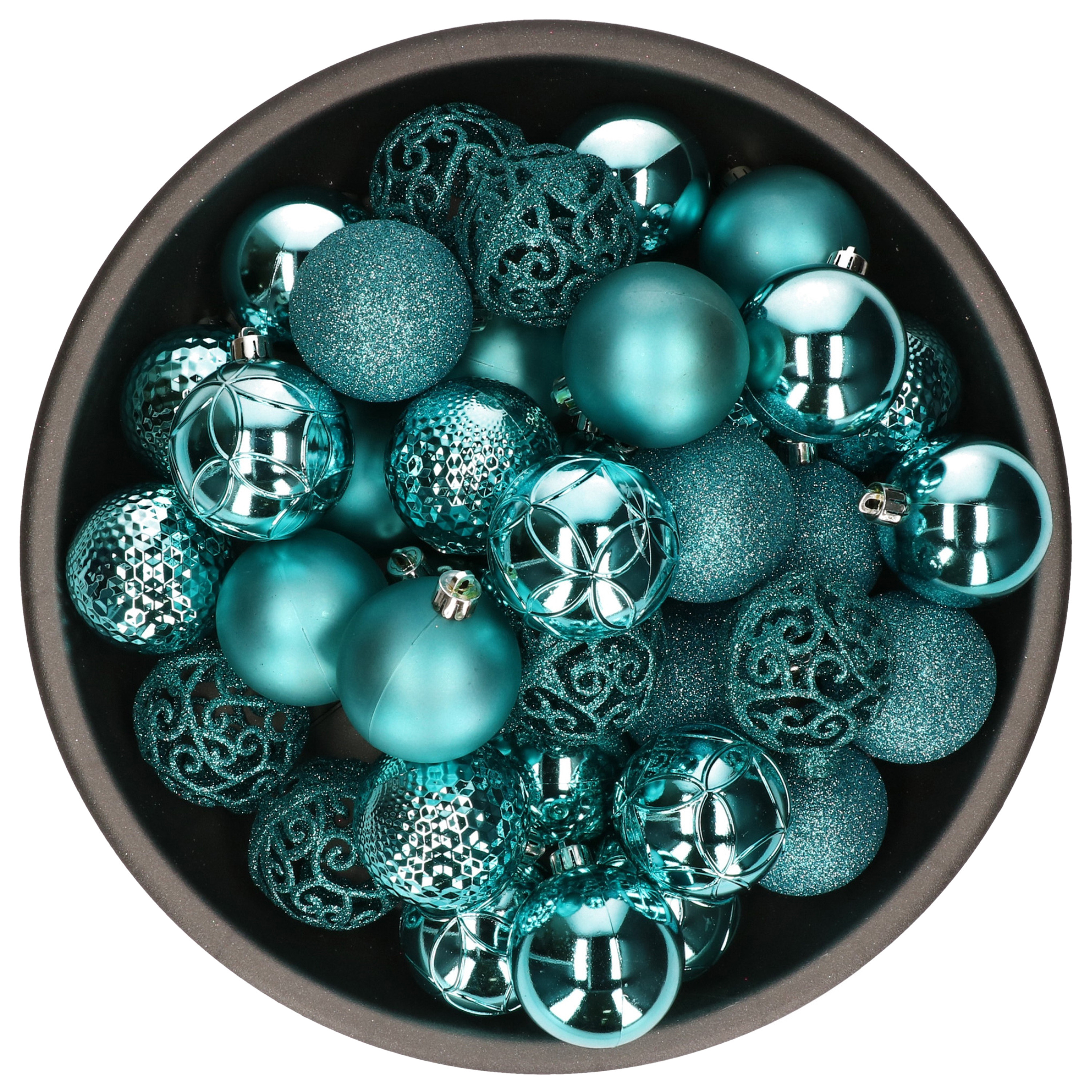37x stuks kunststof kerstballen turquoise blauw 6 cm glans-mat-glitter mix