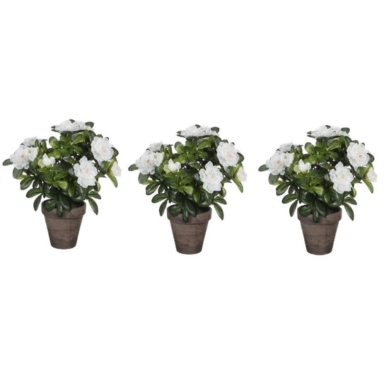 3x Groene Azalea kunstplant witte bloemen 27 cm in pot stan grey