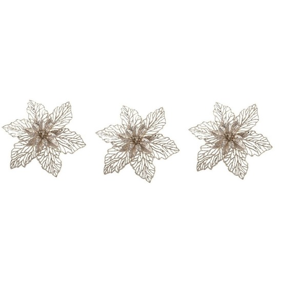 3x Kerstboomversiering op clip champagne glitter bloem 17 cm