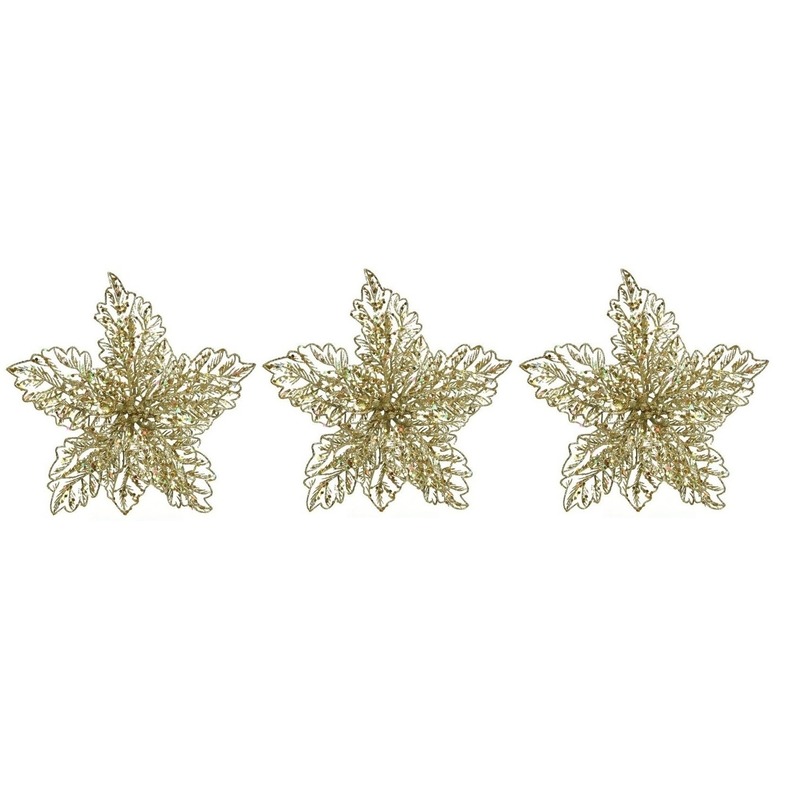 3x Kerstboomversiering op clip gouden glitter bloem 23 cm
