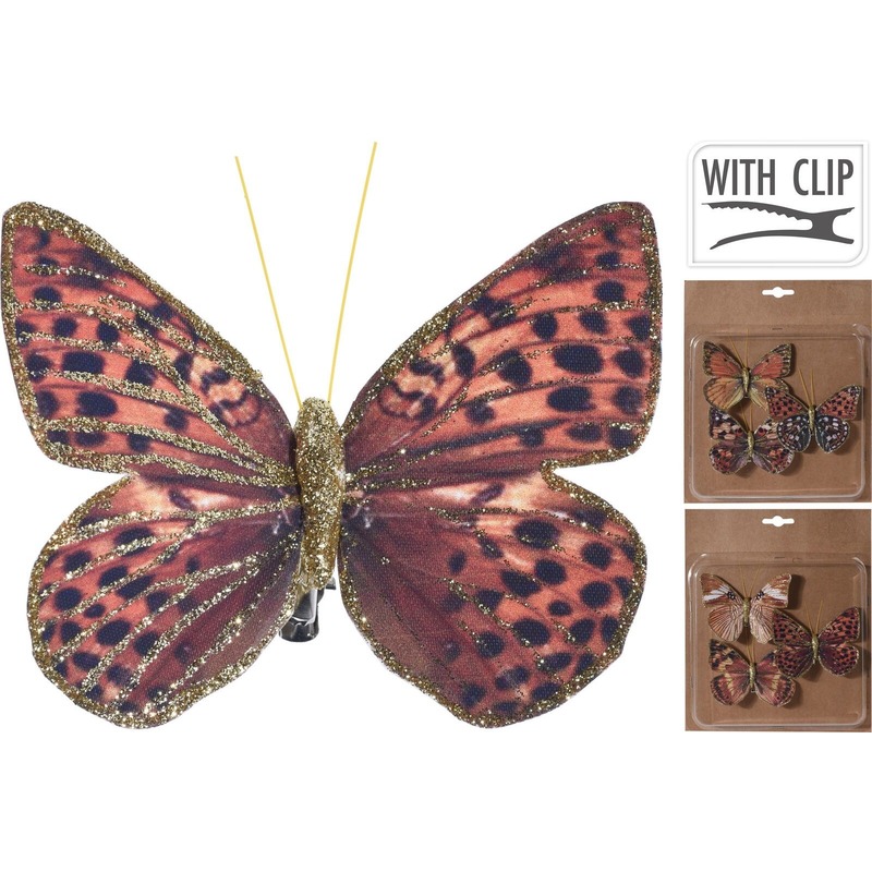 3x Kerstboomversiering vlinders op clip rood-bruin-goud 10 cm