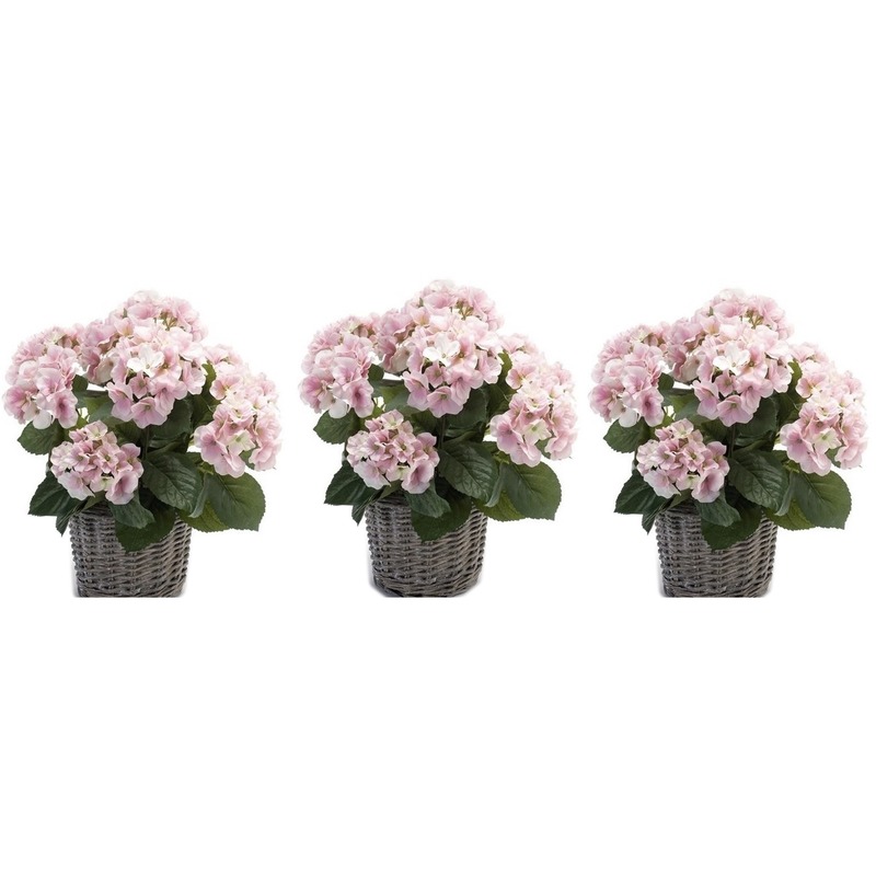 3x Kunstplanten Hortensia roze in mand 45 cm