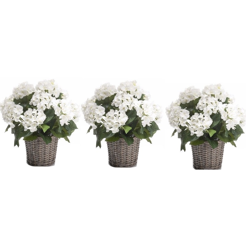 3x Kunstplanten witte Hortensia in mand 45 cm