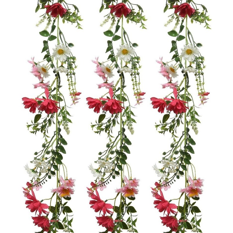 3x Roze-witte kunsttak kunstplanten slingers 180 cm