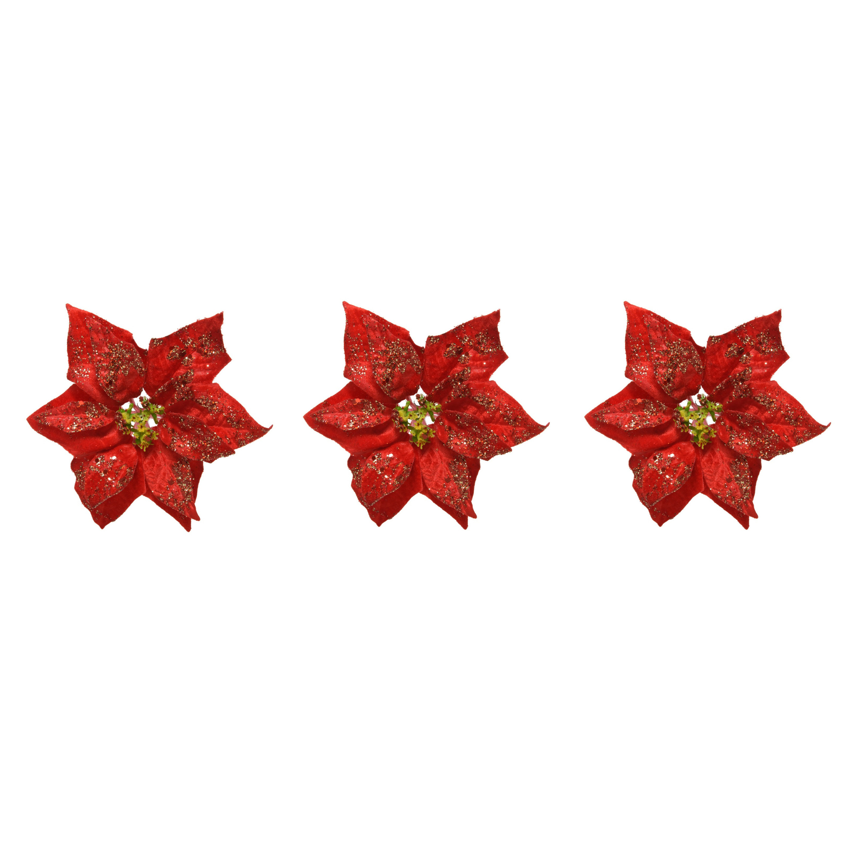 3x stuks decoratie bloemen kerstster rood glitter op clip 20 cm