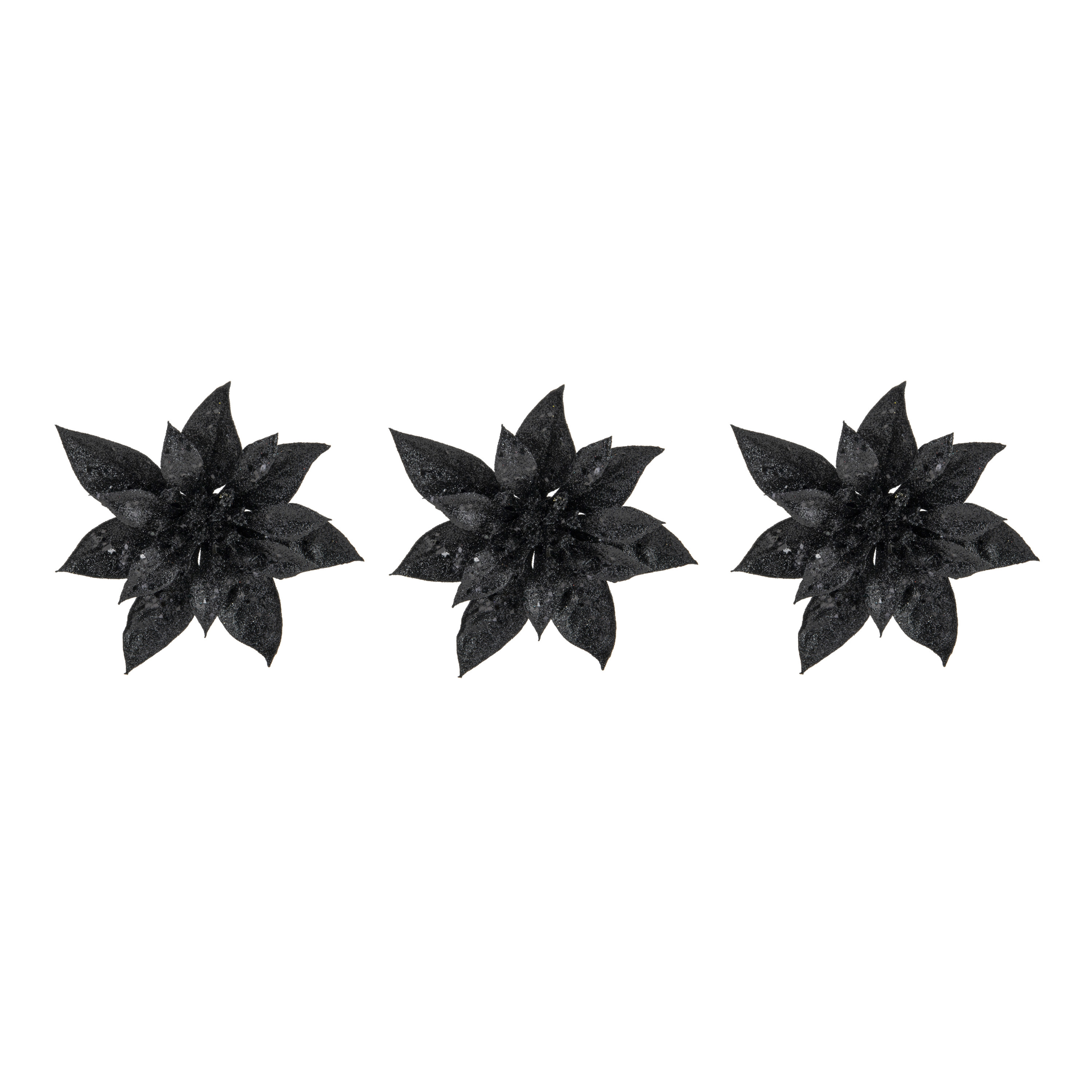 3x stuks decoratie bloemen kerstster zwart glitter op clip 15 cm