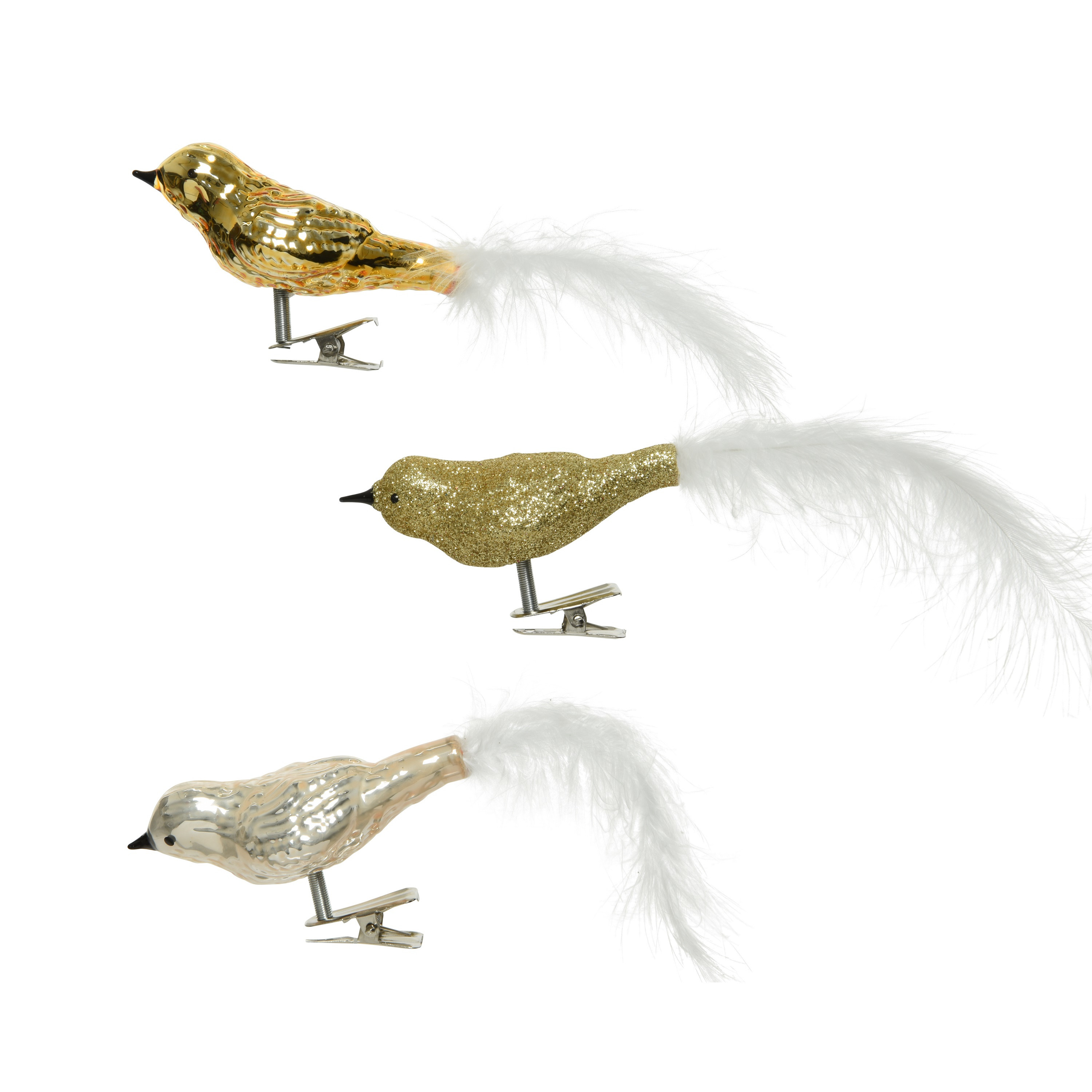 3x stuks glazen decoratie vogels op clip champagne-goud 8 cm