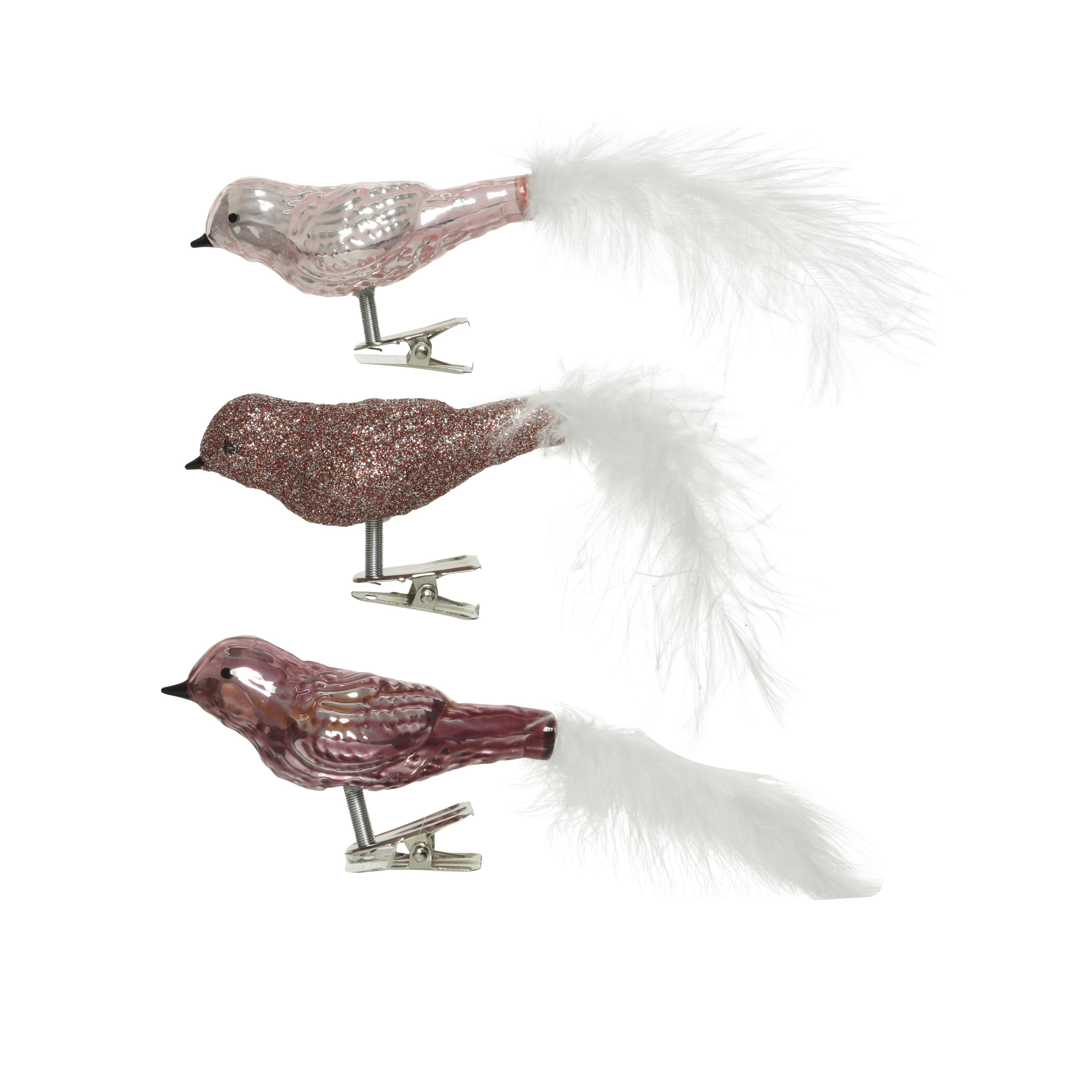 3x stuks glazen decoratie vogels op clip roze tinten 8 cm