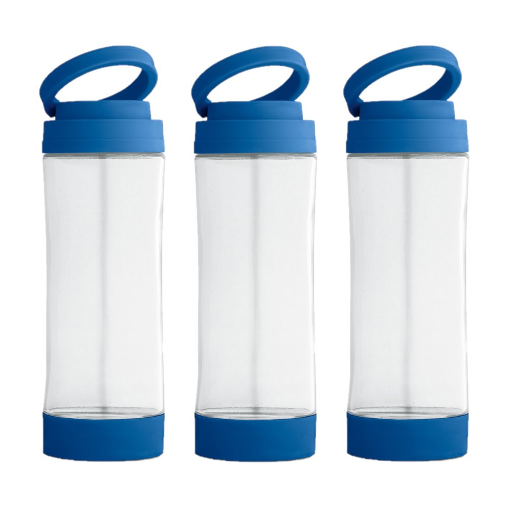 3x Stuks glazen waterfles-drinkfles met blauwe kunststof schroefdop en smartphone houder 390 ml