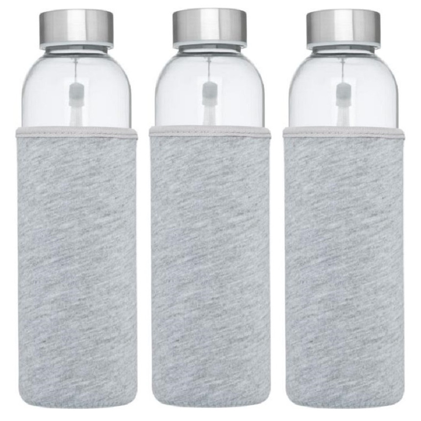 3x stuks glazen waterfles-drinkfles met grijze softshell bescherm hoes 500 ml