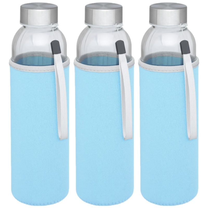 3x stuks glazen waterfles-drinkfles met lichtblauwe softshell bescherm hoes 500 ml
