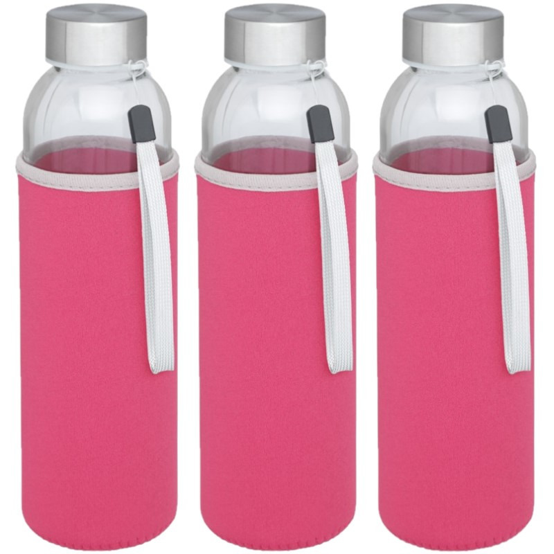 3x stuks glazen waterfles-drinkfles met roze softshell bescherm hoes 500 ml