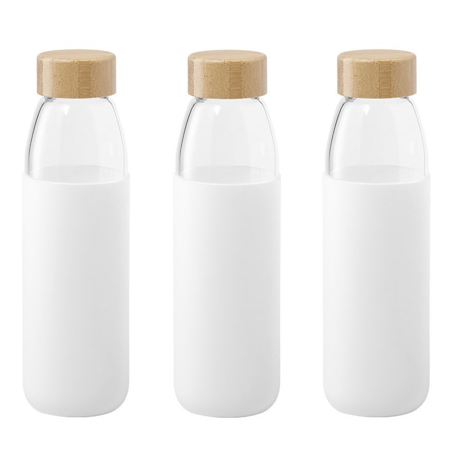 3x Stuks glazen waterfles-drinkfles met witte siliconen bescherm hoes 540 ml