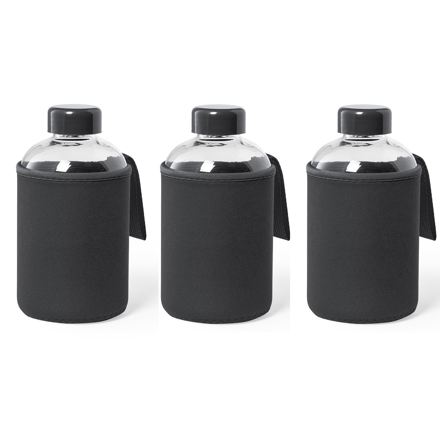 3x Stuks glazen waterfles-drinkfles met zwarte softshell bescherm hoes 600 ml