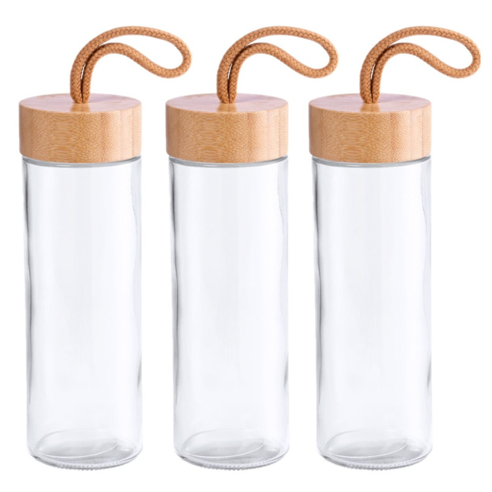 3x Stuks glazen waterfles-drinkfles transparant met bamboe houten dop met handvat 420 ml
