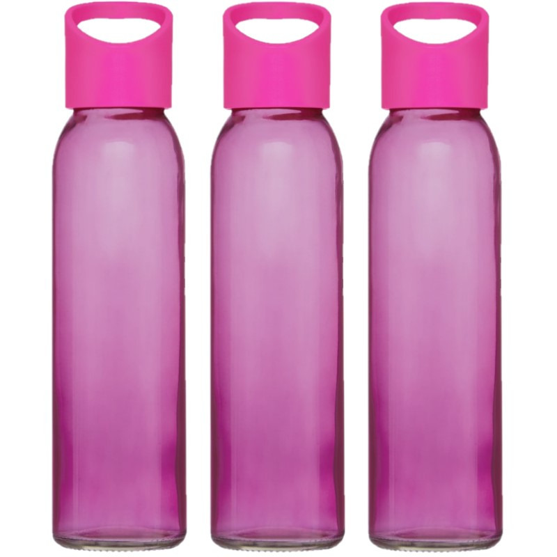 3x stuks glazen waterfles-drinkfles transparant roze met schroefdop met handvat 500 ml