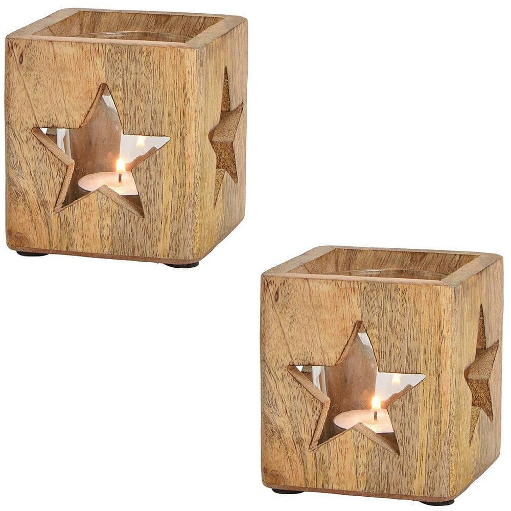 3x stuks houten windlichtjes-theelichthouders met sterren 9 cm